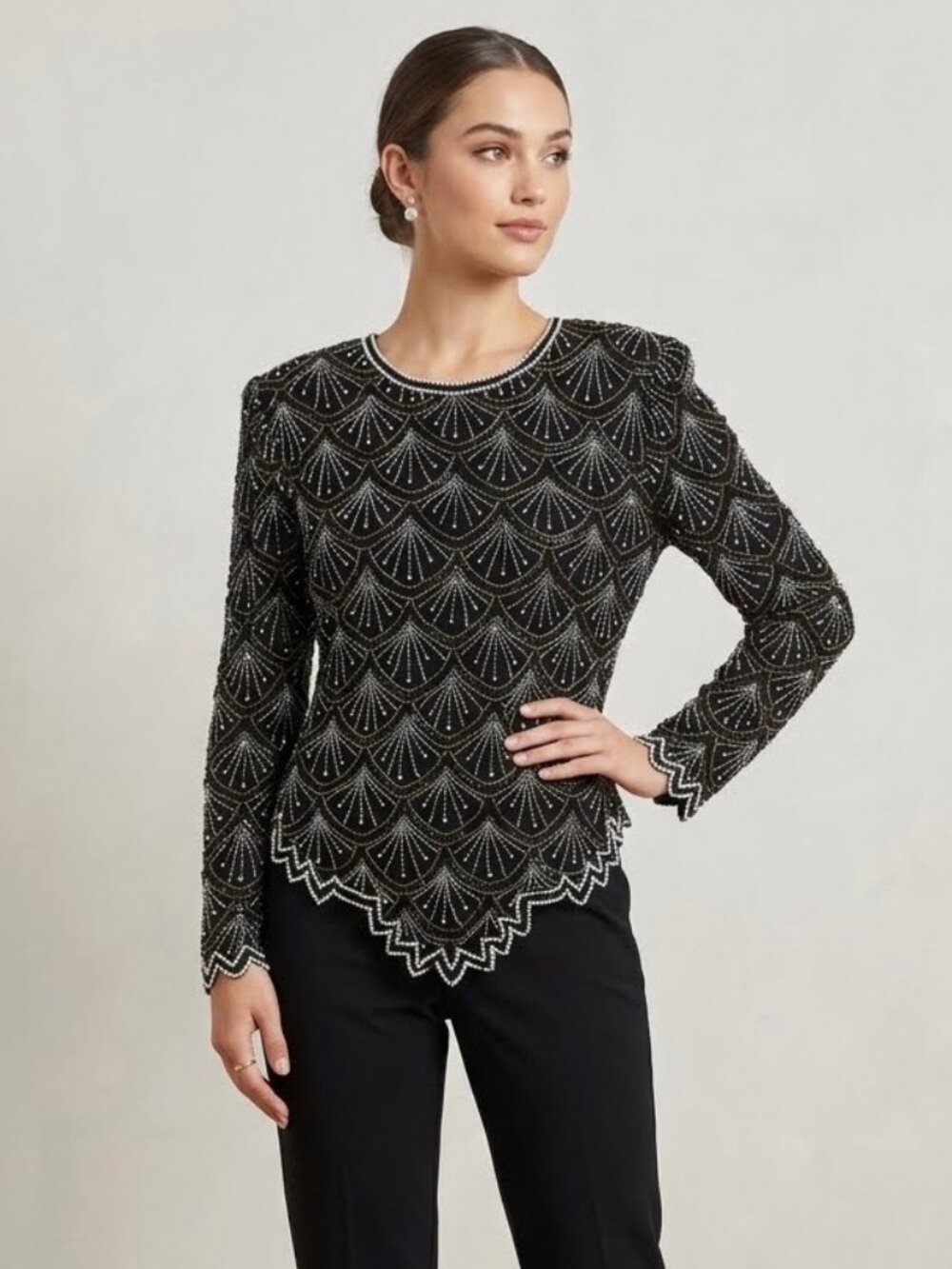 Vintage Laurence Kazar Silk Art Deco Beaded Design Top